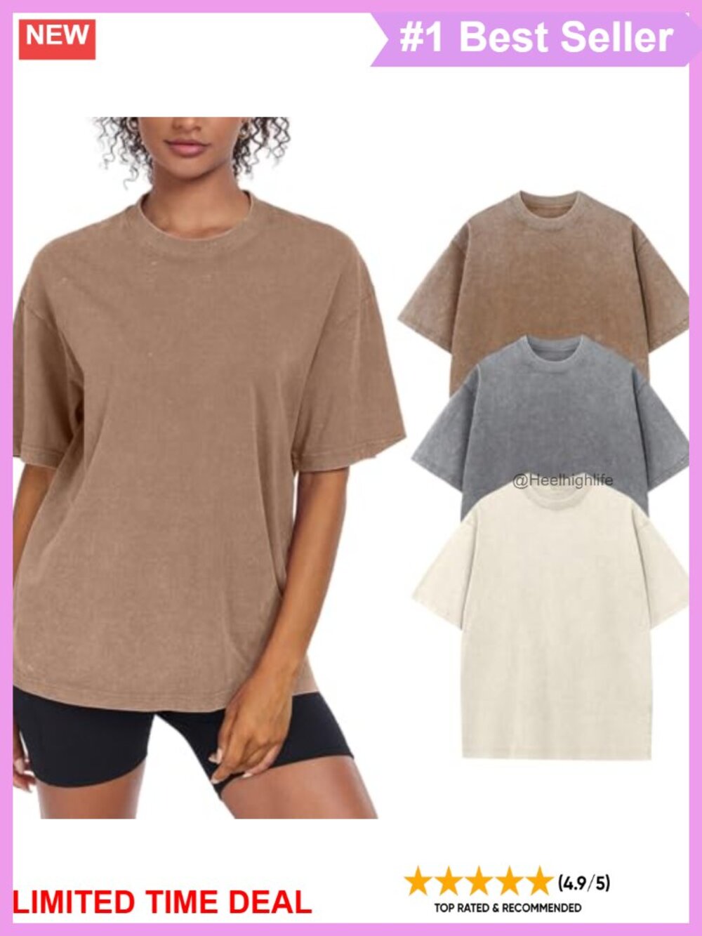 Womens Oversized Vintage Washed Cotton T-Shirt Crew Neck Short Sleeve Tee